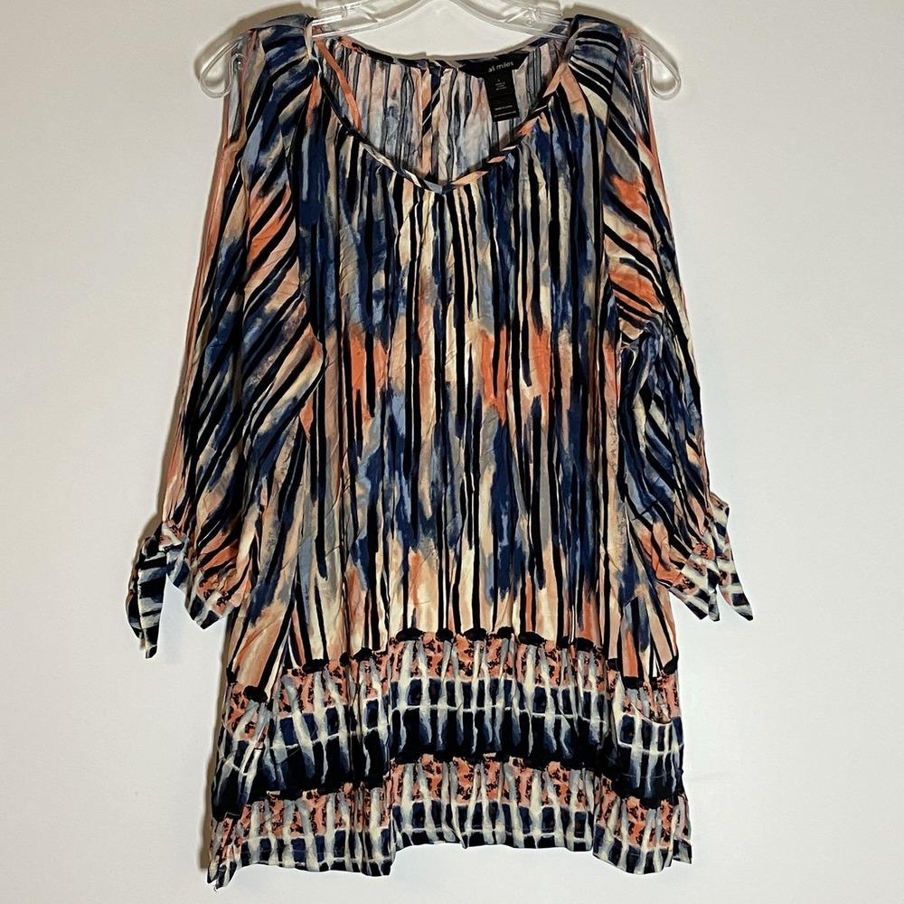 Ali Miles Top Womens Large Multicolor Tunic Cold Shoulder Boho Artsy Tie Dye L